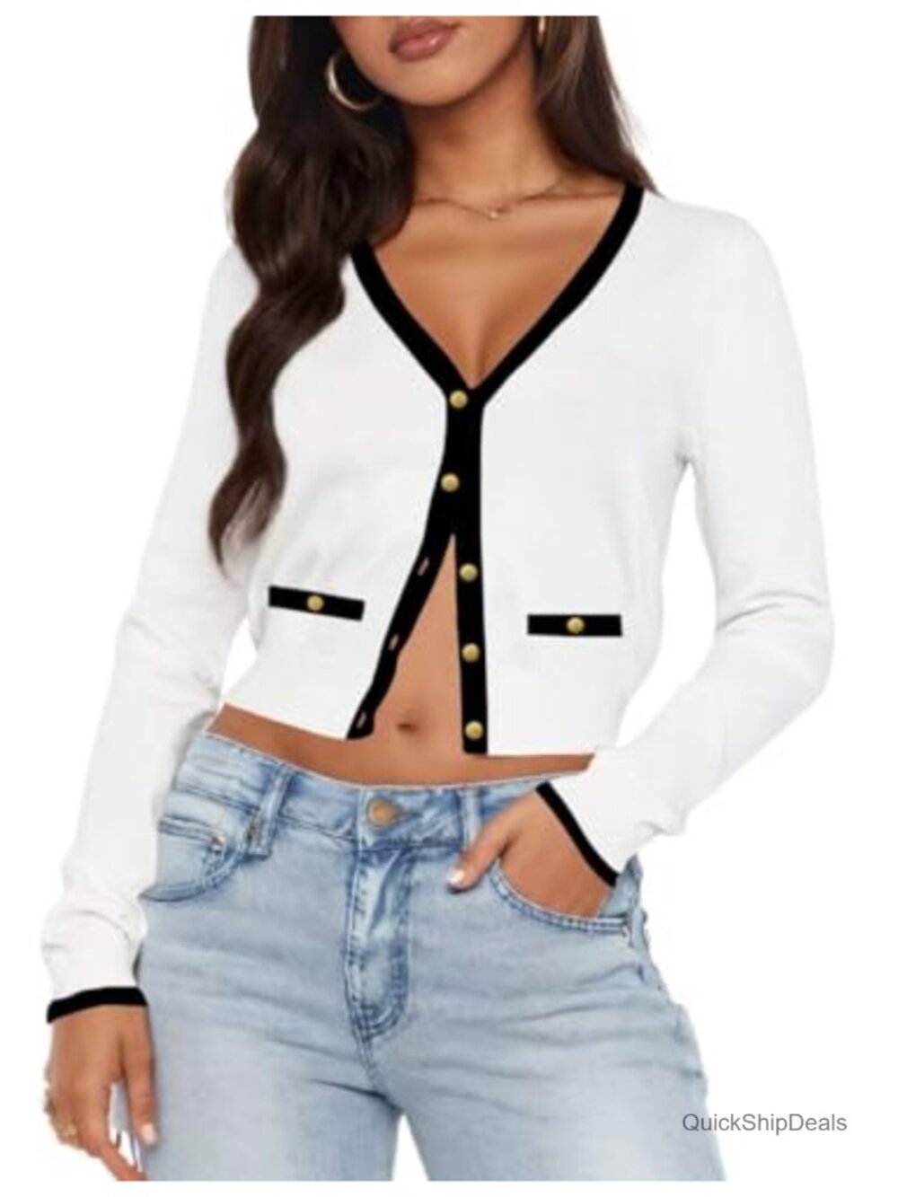 Women's Long Sleeve Cropped Cardigan Open Front Knit Button Down Lightweight